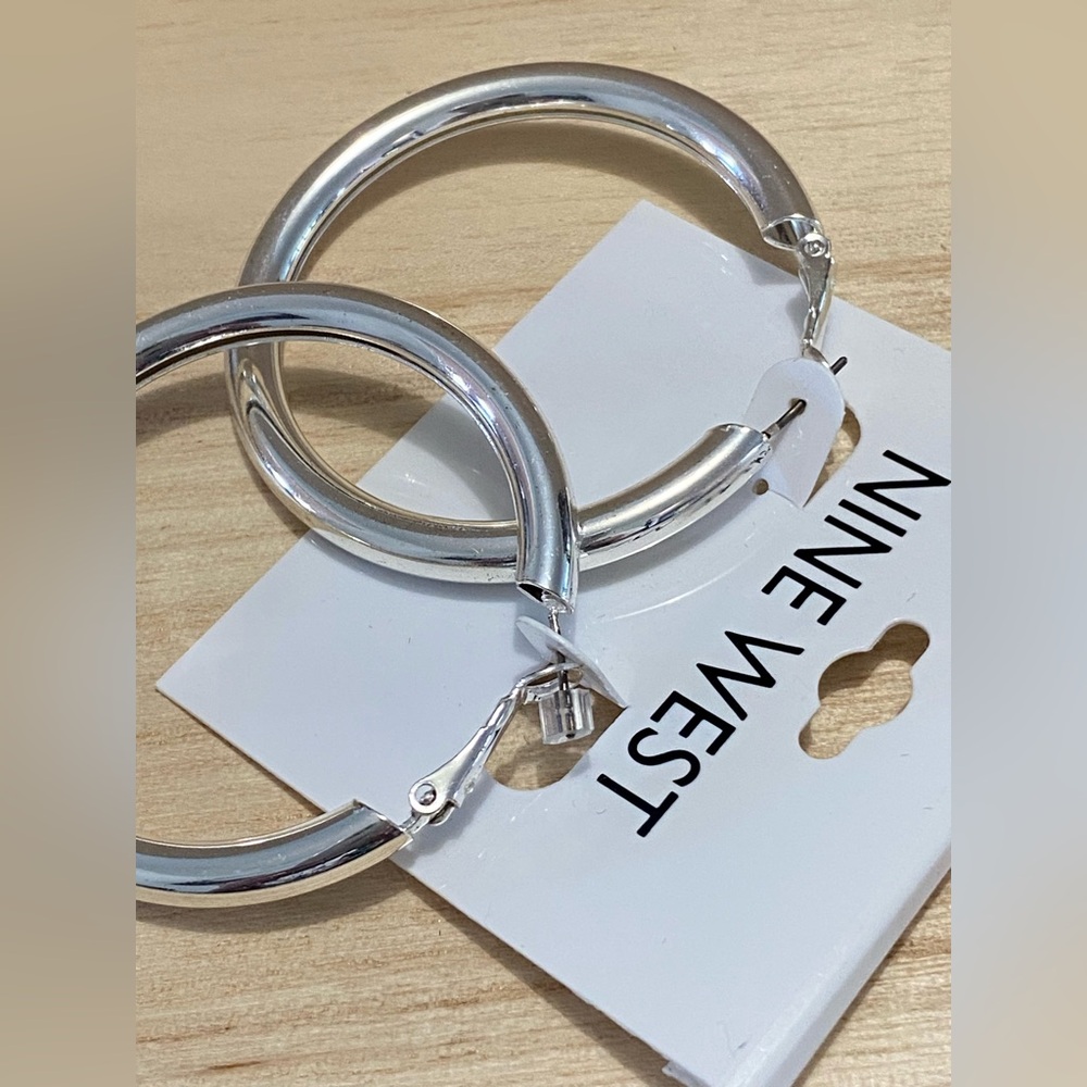 Nine West Shiny Silver Tone Hollow Hoop Earrings